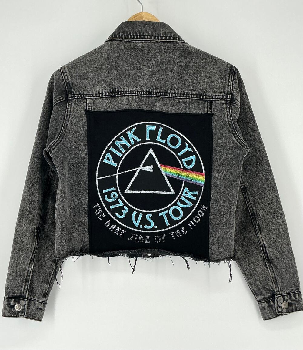 Pink Floyd 1973 US Tour Cropped Black Denim Jacket Women’s Small Raw Hem Band